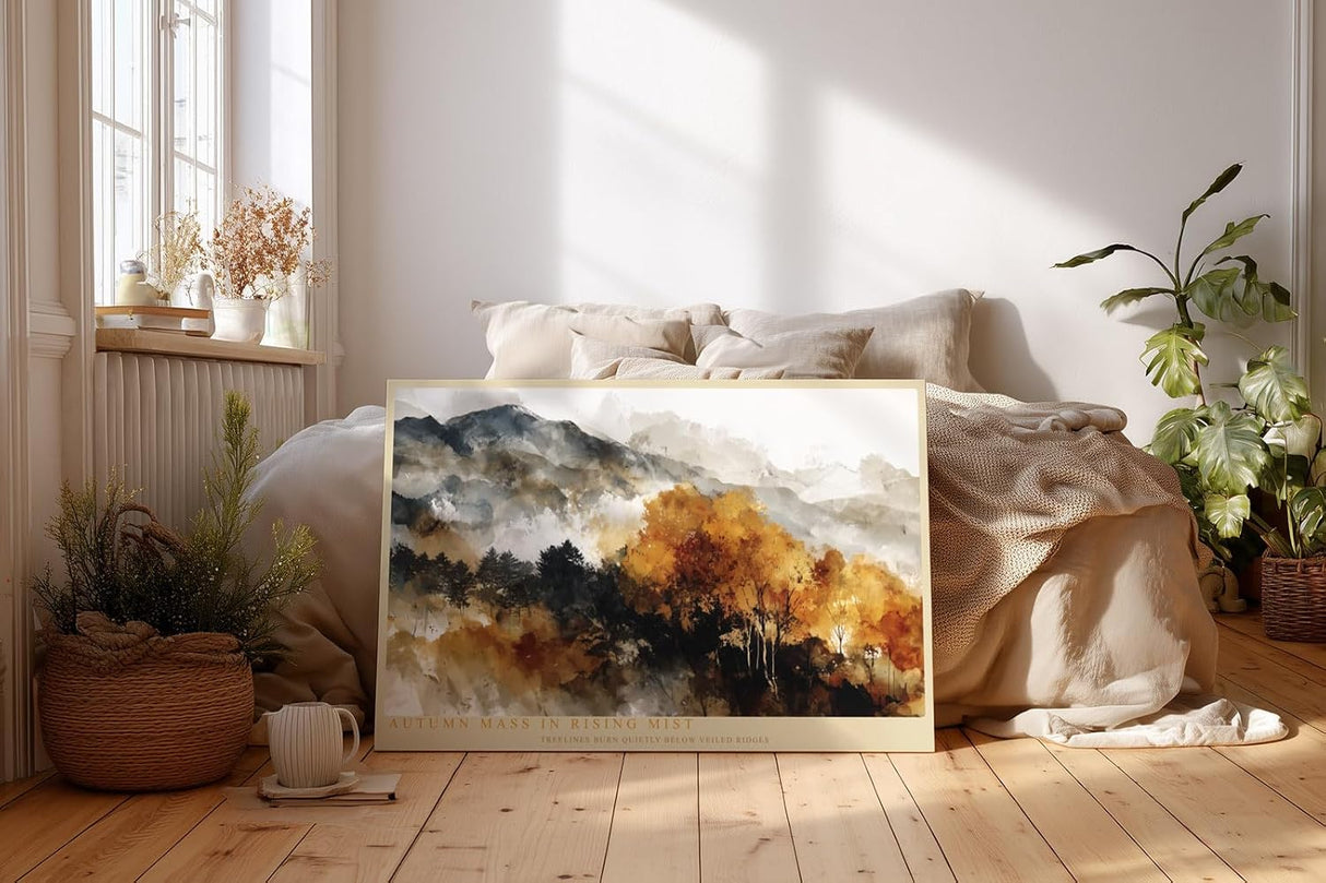 Paul Sinus Wandbild 120x80cm Autumn Mass in Rising Mist Herbst Landschaft mit Bergen und Wald Natur Kunst fuer Wohnzimmer Schlafzimmer und Büro