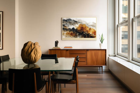 Paul Sinus Wandbild 120x80cm Autumn Mass in Rising Mist Herbst Landschaft mit Bergen und Wald Natur Kunst fuer Wohnzimmer Schlafzimmer und Büro