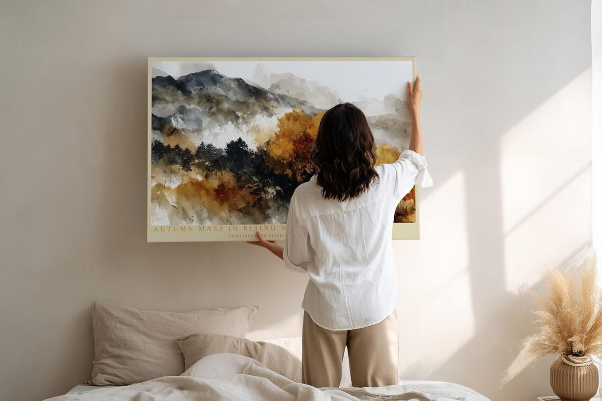 Paul Sinus Wandbild 120x80cm Autumn Mass in Rising Mist Herbst Landschaft mit Bergen und Wald Natur Kunst fuer Wohnzimmer Schlafzimmer und Büro
