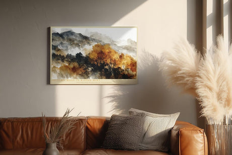 Paul Sinus Wandbild 120x80cm Autumn Mass in Rising Mist Herbst Landschaft mit Bergen und Wald Natur Kunst fuer Wohnzimmer Schlafzimmer und Büro