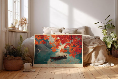 Paul Sinus Wandbild 120x80cm Autumn over Still Water Herbst Landschaft mit rotem Laub und Boot am See Natur Kunst Poster für Wohnzimmer Schlafzimmer