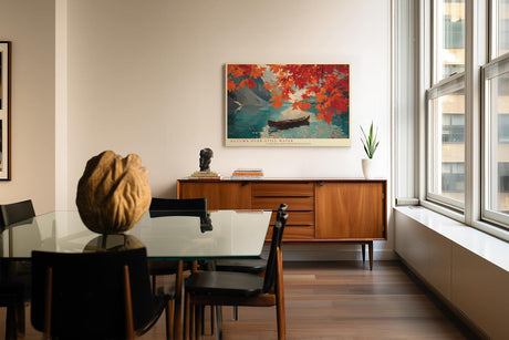 Paul Sinus Wandbild 120x80cm Autumn over Still Water Herbst Landschaft mit rotem Laub und Boot am See Natur Kunst Poster für Wohnzimmer Schlafzimmer