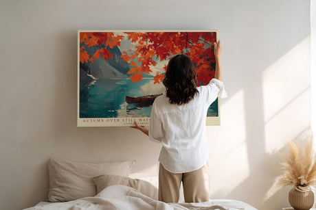 Paul Sinus Wandbild 120x80cm Autumn over Still Water Herbst Landschaft mit rotem Laub und Boot am See Natur Kunst Poster für Wohnzimmer Schlafzimmer