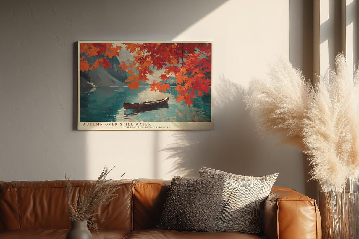 Paul Sinus Wandbild 120x80cm Autumn over Still Water Herbst Landschaft mit rotem Laub und Boot am See Natur Kunst Poster für Wohnzimmer Schlafzimmer