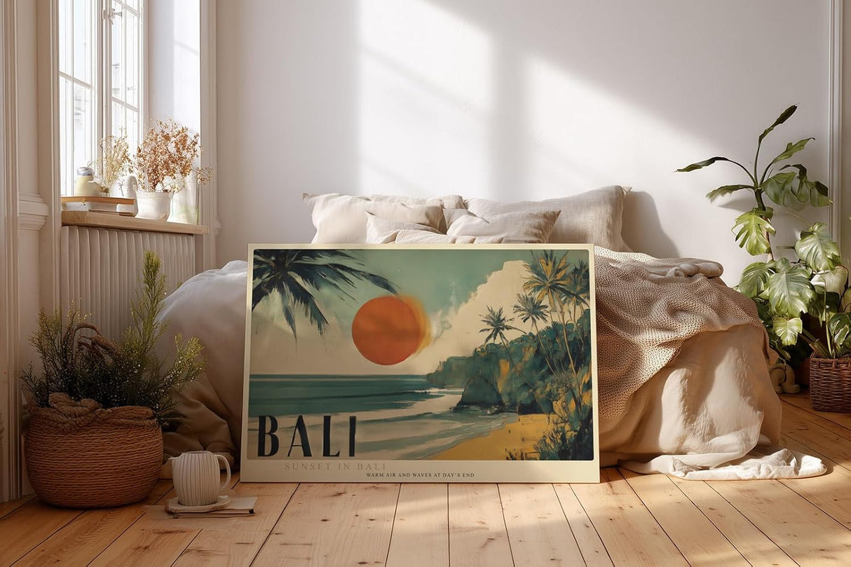 Paul Sinus Wandbild 120x80cm Bali Strand Sonnenuntergang tropische Landschaft moderne Reise Kunst Leinwand Wanddekoration mit Palmen Meer fuer Wohnzimmer