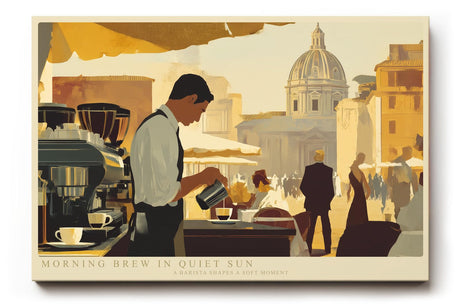 Paul Sinus Wandbild 120x80cm Barista im Morgenlicht urbane Cafe Szene mit mediterranem Flair