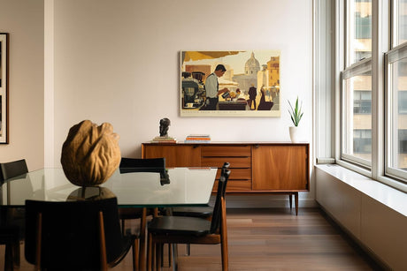 Paul Sinus Wandbild 120x80cm Barista im Morgenlicht urbane Cafe Szene mit mediterranem Flair