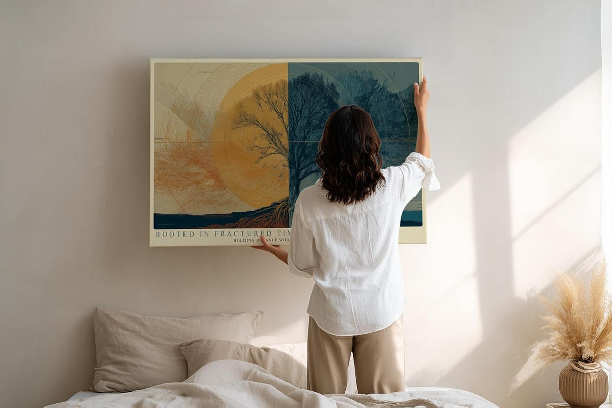 Paul Sinus Wandbild 120x80cm Baum abstrakte Zeit Symbolik modern orange blau Kunstbild grosses Wandbild 120x80cm philosophische Wanddekoration fuer Wohnzimmer Büro