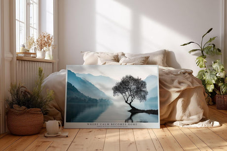 Paul Sinus Wandbild 120x80cm Baum am stillen See Nebel Gebirgslandschaft ruhige Naturfotografie minimalistische Wanddekoration fuer Wohnzimmer Büro