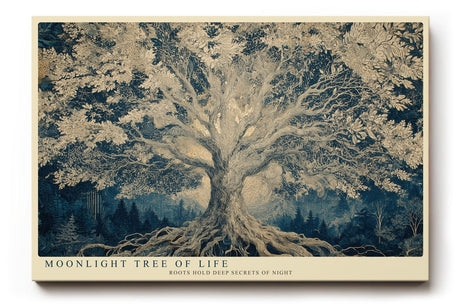 Paul Sinus Wandbild 120x80cm Baum des Lebens im Mondlicht – Künstlerische Naturillustration mit tiefen Wurzeln und Nachtstimmung