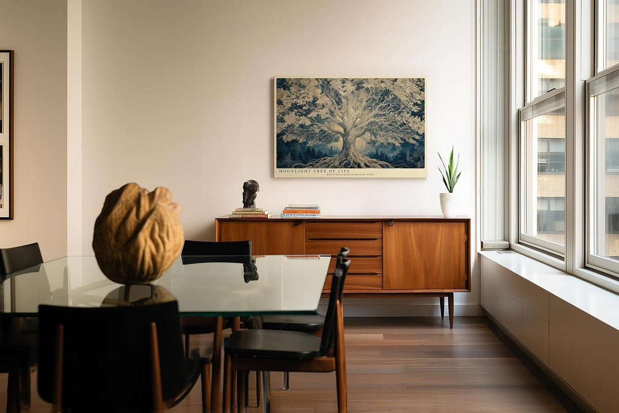Paul Sinus Wandbild 120x80cm Baum des Lebens im Mondlicht – Künstlerische Naturillustration mit tiefen Wurzeln und Nachtstimmung