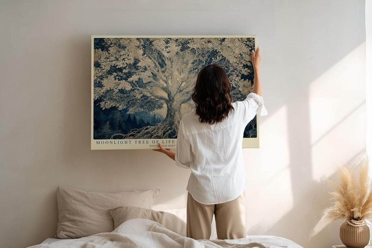 Paul Sinus Wandbild 120x80cm Baum des Lebens im Mondlicht – Künstlerische Naturillustration mit tiefen Wurzeln und Nachtstimmung