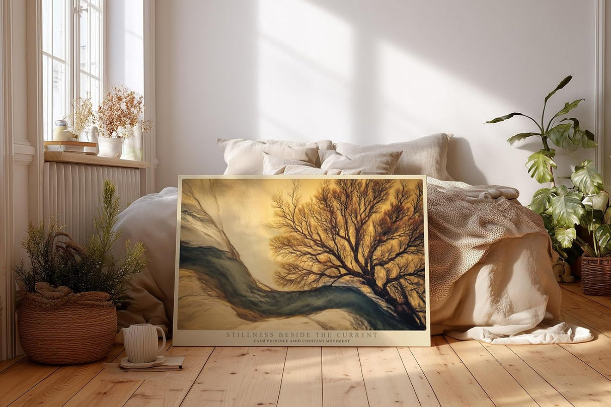 Paul Sinus Wandbild 120x80cm Baum Fluss Landschaft moderne Naturkunst beige blau Kunstdruck grosses Wandbild 120x80cm ruhige Wanddekoration fuer Wohnzimmer Büro