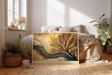 Paul Sinus Wandbild 120x80cm Baum Fluss Landschaft moderne Naturkunst beige blau Kunstdruck grosses Wandbild 120x80cm ruhige Wanddekoration fuer Wohnzimmer Büro