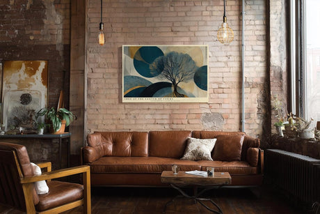 Paul Sinus Wandbild 120x80cm Baum Geometrie modern blau gold abstrakte Natur Kunst Kunstdruck grosses Kunstbild stilvolle Wanddekoration fuer Wohnzimmer Büro Flur