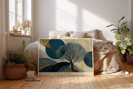 Paul Sinus Wandbild 120x80cm Baum Geometrie modern blau gold abstrakte Natur Kunst Kunstdruck grosses Kunstbild stilvolle Wanddekoration fuer Wohnzimmer Büro Flur