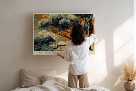 Paul Sinus Wandbild 120x80cm Baum Landschaft Kunst mit Dramatischem Himmel in Orange Blau für Wohnzimmer Büro und Flur