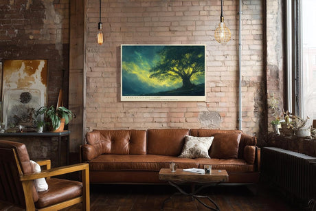 Paul Sinus Wandbild 120x80cm Baum Landschaft leuchtendes Licht Natur Kunst Kunstdruck grosses Kunstbild atmosphaerische Wanddekoration fuer Wohnzimmer Büro Flur