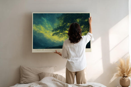 Paul Sinus Wandbild 120x80cm Baum Landschaft leuchtendes Licht Natur Kunst Kunstdruck grosses Kunstbild atmosphaerische Wanddekoration fuer Wohnzimmer Büro Flur