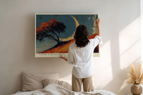 Paul Sinus Wandbild 120x80cm Baum Landschaft mit Mond moderne Naturkunst roter Huegel Himmel Landschaftsbild stilvolle Wanddekoration fuer Wohnzimmer Büro