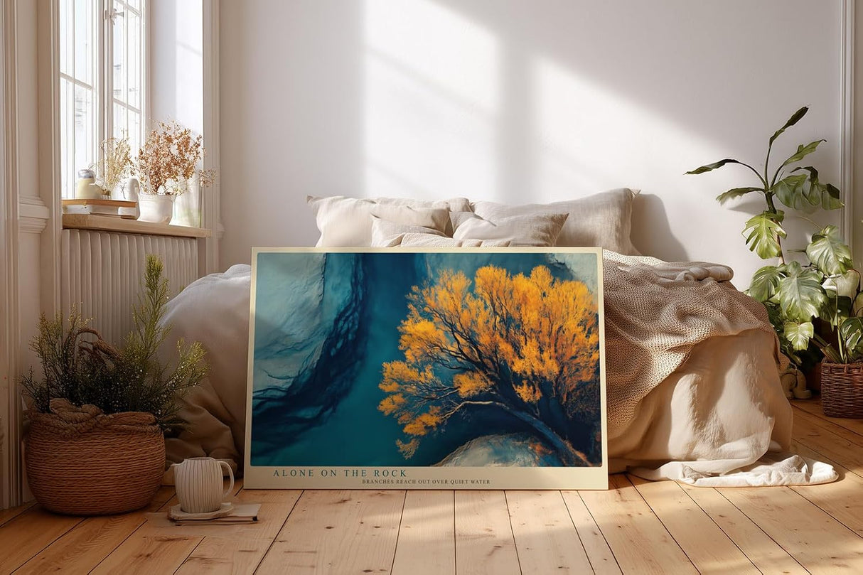 Paul Sinus Wandbild 120x80cm Baum Landschaft moderne Naturkunst goldene Blaetter ruhige Wasserlandschaft stilvolle Wanddekoration fuer Wohnzimmer Büro