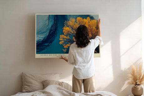 Paul Sinus Wandbild 120x80cm Baum Landschaft moderne Naturkunst goldene Blaetter ruhige Wasserlandschaft stilvolle Wanddekoration fuer Wohnzimmer Büro