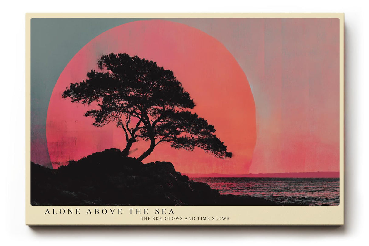 Paul Sinus Wandbild 120x80cm Baum Silhouette am Meer Roter Sonnenuntergang Minimalistische Landschaft Kunst Wanddekoration