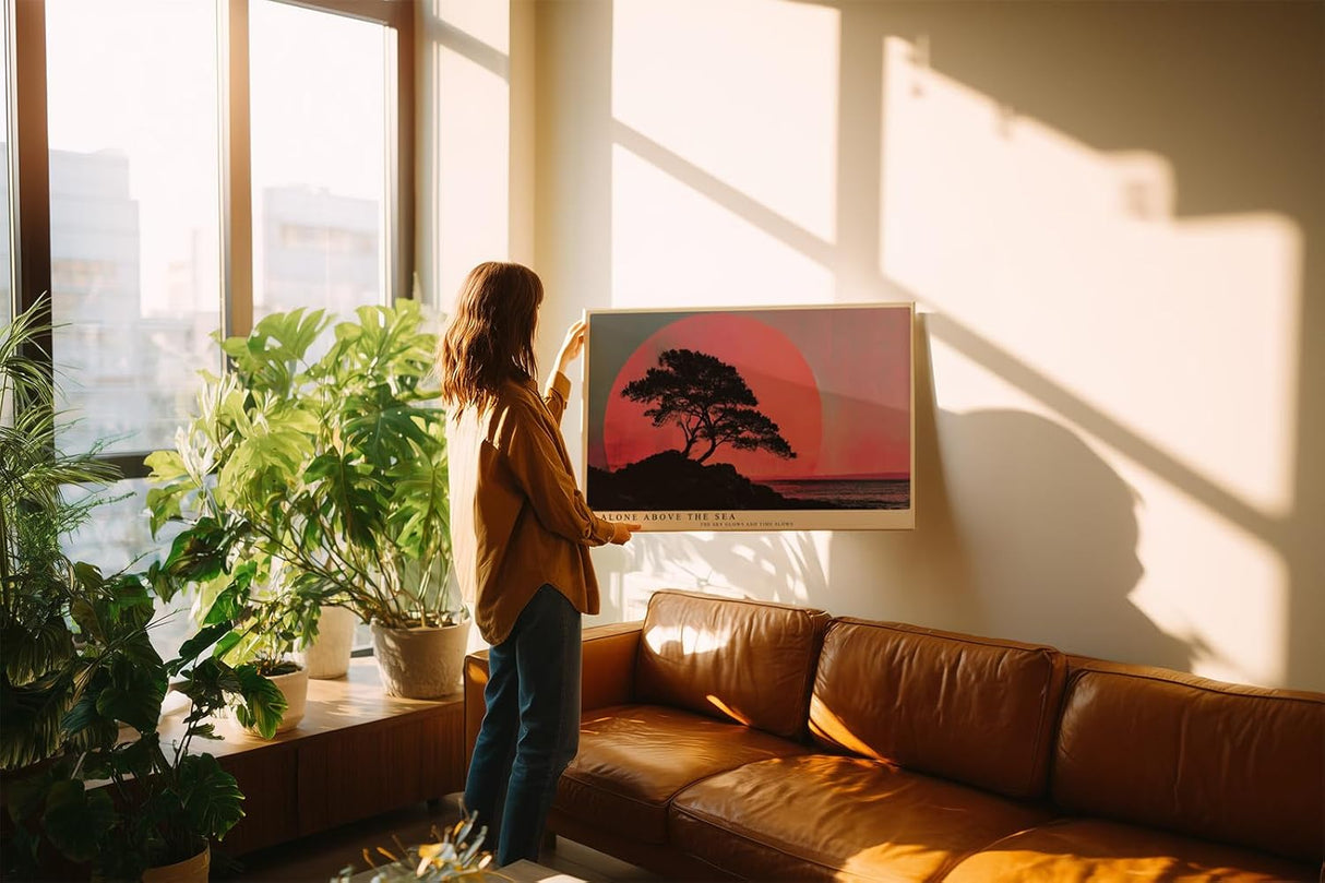 Paul Sinus Wandbild 120x80cm Baum Silhouette am Meer Roter Sonnenuntergang Minimalistische Landschaft Kunst Wanddekoration