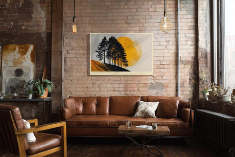 Paul Sinus Wandbild 120x80cm Baum Silhouette Sonne modern gelb schwarz Landschaft Kunstdruck grosses Kunstbild stilvolle Wanddekoration fuer Wohnzimmer Büro Flur
