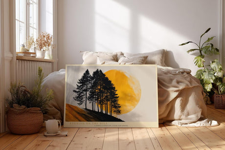 Paul Sinus Wandbild 120x80cm Baum Silhouette Sonne modern gelb schwarz Landschaft Kunstdruck grosses Kunstbild stilvolle Wanddekoration fuer Wohnzimmer Büro Flur