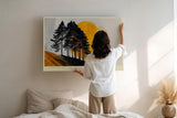 Paul Sinus Wandbild 120x80cm Baum Silhouette Sonne modern gelb schwarz Landschaft Kunstdruck grosses Kunstbild stilvolle Wanddekoration fuer Wohnzimmer Büro Flur