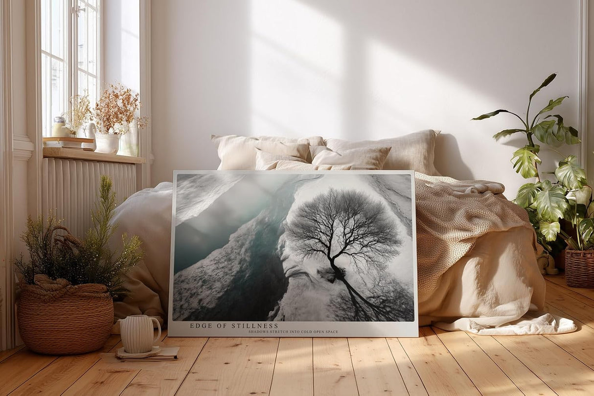 Paul Sinus Wandbild 120x80cm Baum Winter Landschaft schwarz weiss minimalistische Naturfotografie Wanddekoration fuer Wohnzimmer Büro