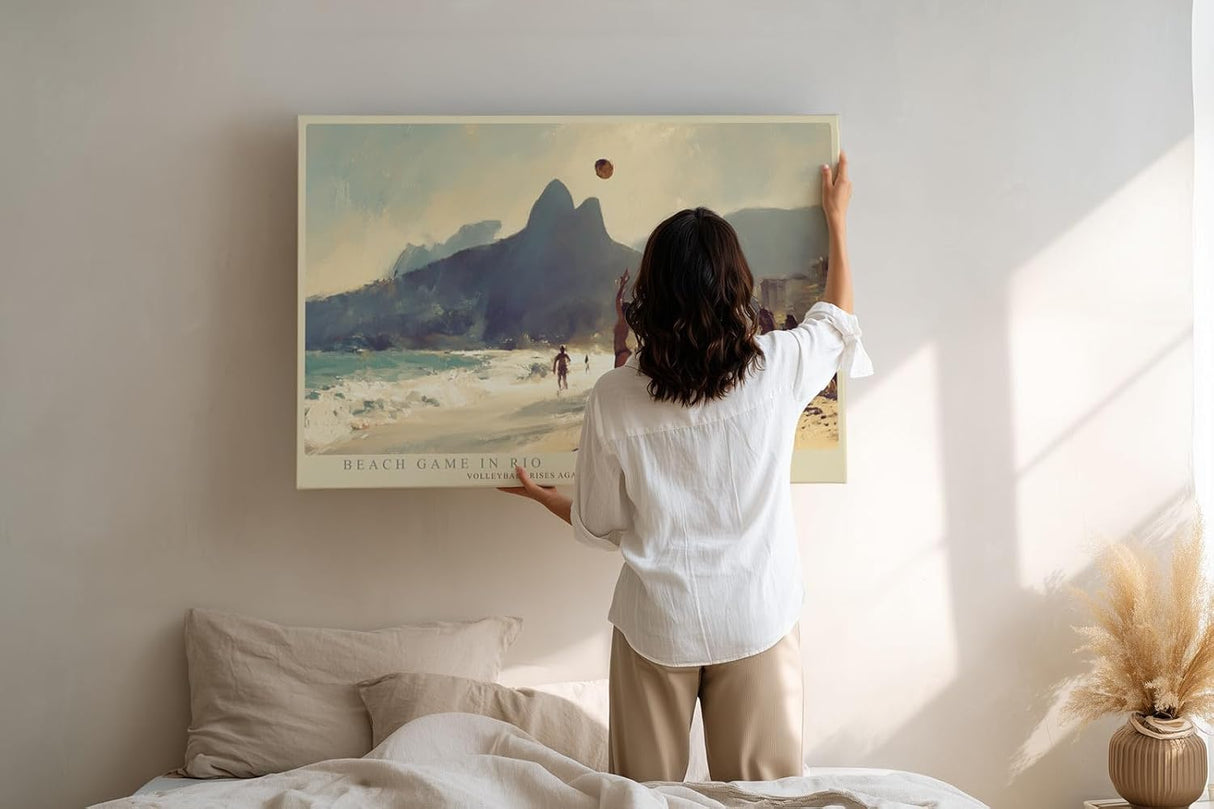 Paul Sinus Wandbild 120x80cm Beach Game in Rio Strand Volleyball Szene mit Blick auf Dois Irmaos Kuestenlandschaft Kunst fuer Wohnzimmer und Büro