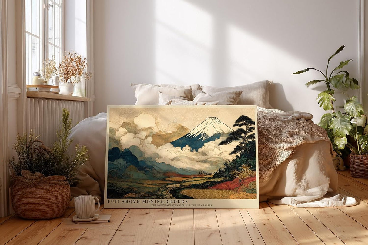 Paul Sinus Wandbild 120x80cm Berg Fuji Japanische Landschaft Kunstmotiv Traditionelle Natur Szene mit Wolken und Bergen