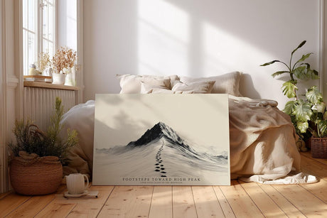 Paul Sinus Wandbild 120x80cm Berg Landschaft minimalistische Naturkunst schwarzer Gipfel Fussabdruecke Kunstdruck stilvolle Wanddekoration fuer Wohnzimmer Büro Flur