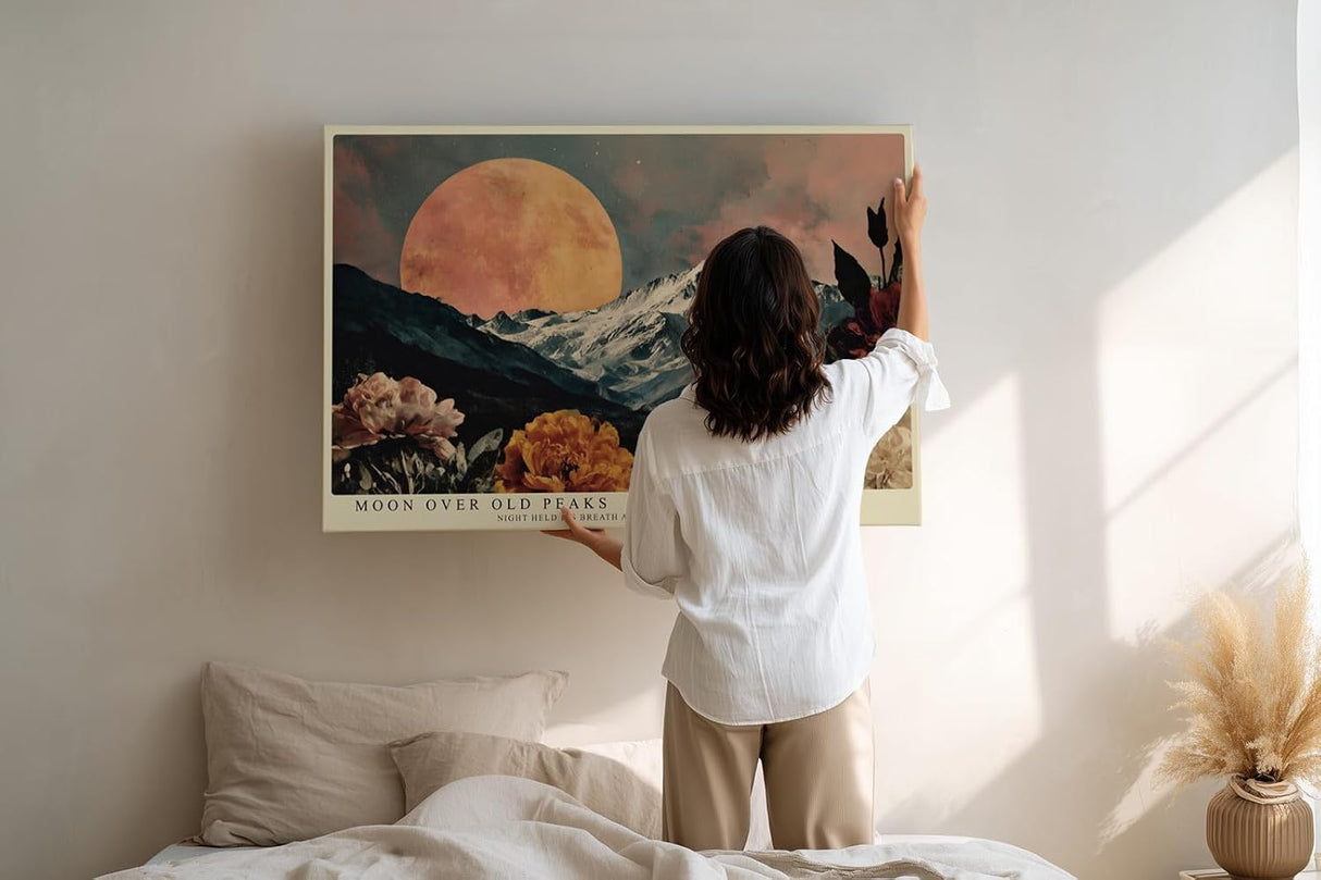 Paul Sinus Wandbild 120x80cm Berge bei Vollmond Landschaft mit Blumen Nachtkunst Wanddekoration Wohnzimmer Schlafzimmer