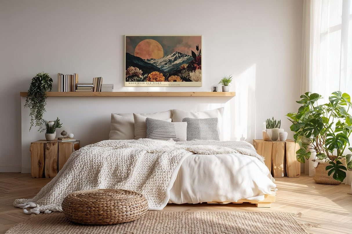 Paul Sinus Wandbild 120x80cm Berge bei Vollmond Landschaft mit Blumen Nachtkunst Wanddekoration Wohnzimmer Schlafzimmer