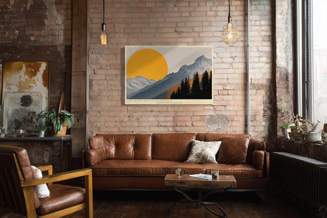 Paul Sinus Wandbild 120x80cm Berge Landschaft mit großer Sonne moderne Natur Illustration orange grau Bergpanorama stilvolle