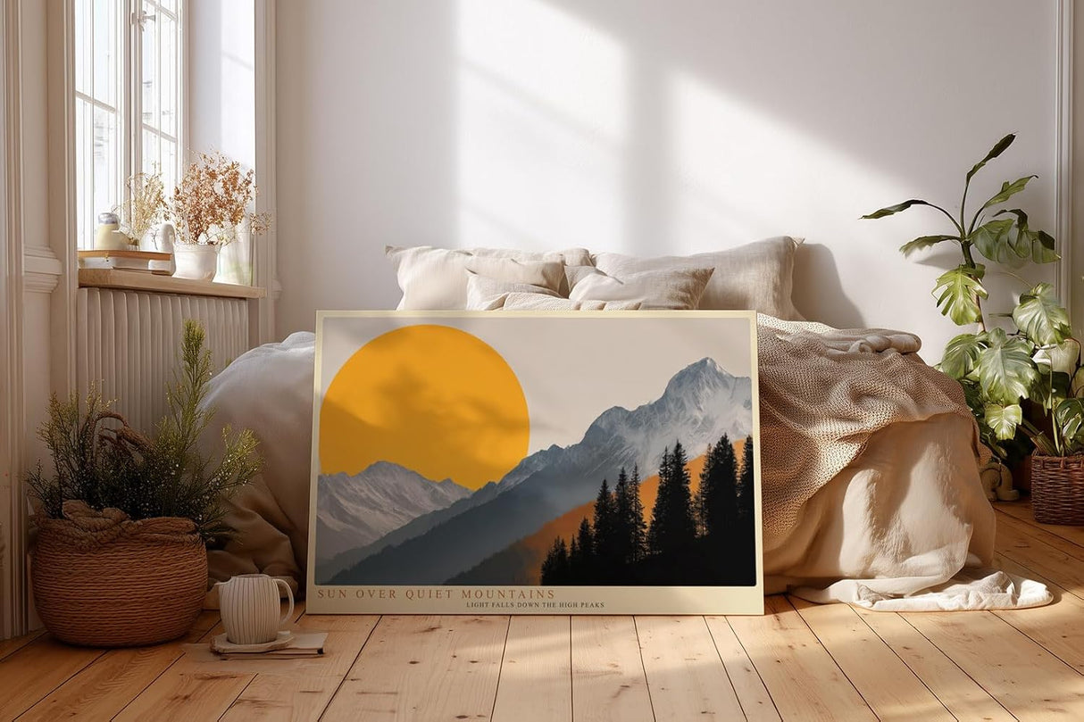 Paul Sinus Wandbild 120x80cm Berge Landschaft mit großer Sonne moderne Natur Illustration orange grau Bergpanorama stilvolle