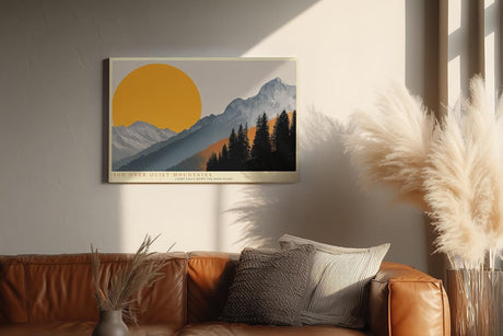Paul Sinus Wandbild 120x80cm Berge Landschaft mit großer Sonne moderne Natur Illustration orange grau Bergpanorama stilvolle