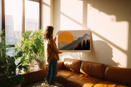 Paul Sinus Wandbild 120x80cm Berge Landschaft mit großer Sonne moderne Natur Illustration orange grau Bergpanorama stilvolle
