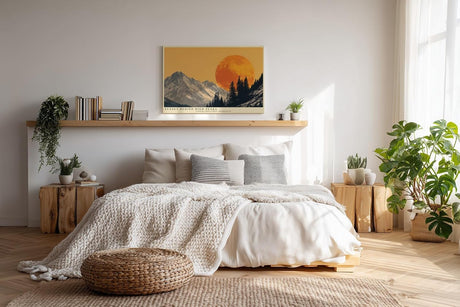 Paul Sinus Wandbild 120x80cm Berge mit großer Abendsonne moderne Landschaft Illustration orange grau Natur Kunstbild stilvolle