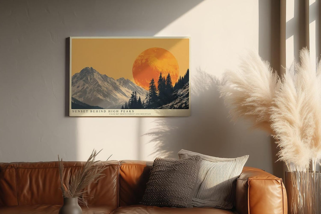 Paul Sinus Wandbild 120x80cm Berge mit großer Abendsonne moderne Landschaft Illustration orange grau Natur Kunstbild stilvolle