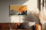 Paul Sinus Wandbild 120x80cm Berge mit großer Abendsonne moderne Landschaft Illustration orange grau Natur Kunstbild stilvolle