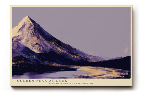 Paul Sinus Wandbild 120x80cm Berglandschaft Abendlicht goldene Gipfel ruhiger Fluss moderne Landschaftskunst violett gold Kunstbild stilvolle
