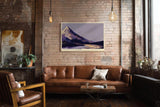 Paul Sinus Wandbild 120x80cm Berglandschaft Abendlicht goldene Gipfel ruhiger Fluss moderne Landschaftskunst violett gold Kunstbild stilvolle