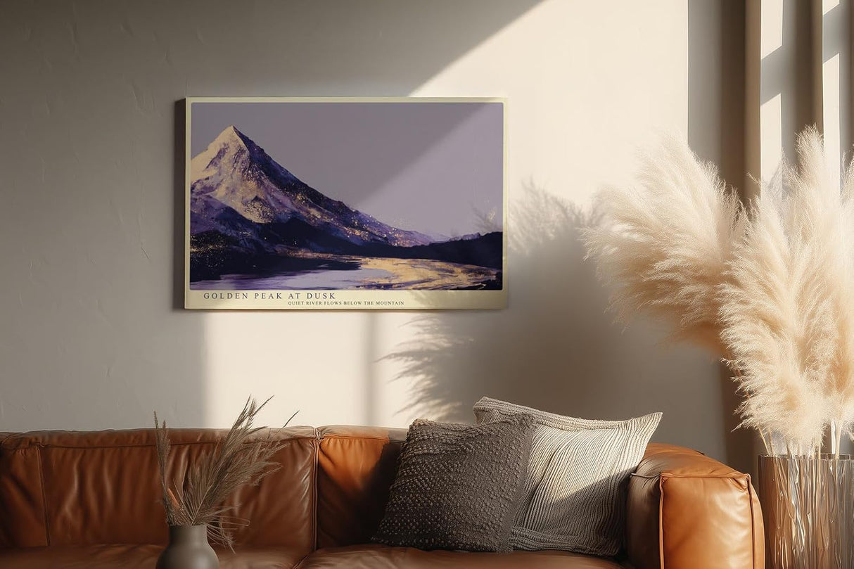 Paul Sinus Wandbild 120x80cm Berglandschaft Abendlicht goldene Gipfel ruhiger Fluss moderne Landschaftskunst violett gold Kunstbild stilvolle