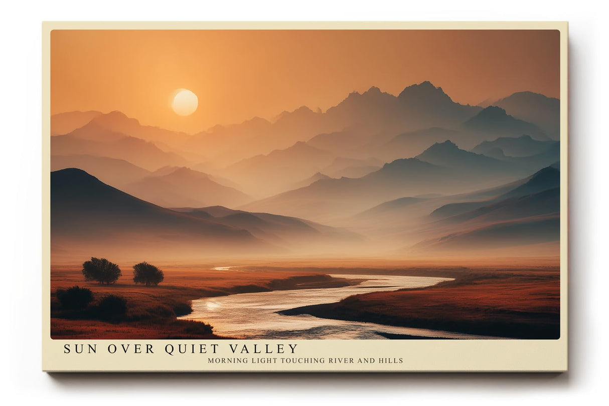 Paul Sinus Wandbild 120x80cm Berglandschaft mit Fluss bei Sonnenaufgang moderne Natur Landschaft Fotokunst warmes Morgenlicht Kunstposter für Wohnzimmer Schlafzimmer Büro