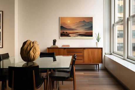 Paul Sinus Wandbild 120x80cm Berglandschaft mit Fluss bei Sonnenaufgang moderne Natur Landschaft Fotokunst warmes Morgenlicht Kunstposter für Wohnzimmer Schlafzimmer Büro