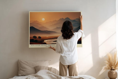 Paul Sinus Wandbild 120x80cm Berglandschaft mit Fluss bei Sonnenaufgang moderne Natur Landschaft Fotokunst warmes Morgenlicht Kunstposter für Wohnzimmer Schlafzimmer Büro